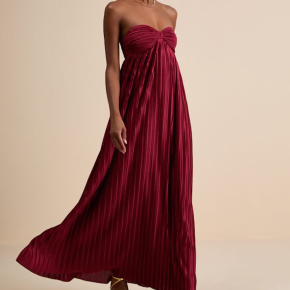 Lulus Dresses & Skirts - Lulus Whimsical Beauty Wine Red Satin Plisse Strapless Maxi Dress - Size S